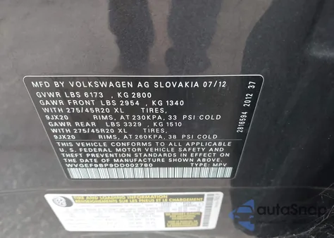 2013 Volkswagen Touareg V6 из США, поврежденный, VIN WVGEF9BP9DD002780